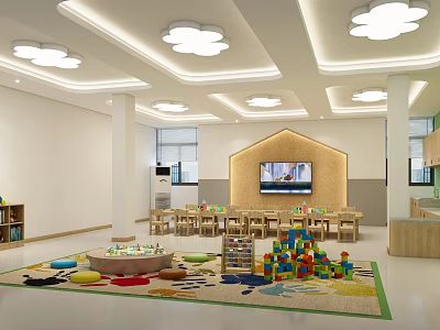 Bright Kindergarten Interior With Cloud Shaped Lights Play Carpet Building Blocks And Colorful Cushions 3d model
