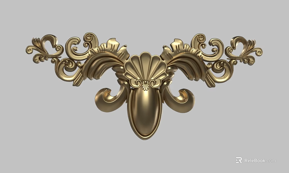 Ornate Golden Carved Decoration With Intricate Scroll Patterns And Shell Design 3d model