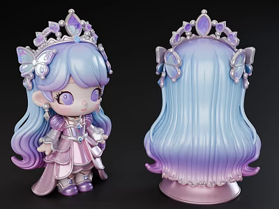 Cute Game And Movie Character With Long Gradient Hair Crown And Butterfly Decorations 3d model