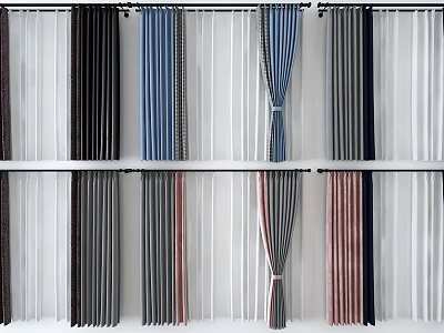 Various Colored Striped Curtains With Double Layer Design And Different Patterns 3d model