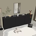 Gray Console Table Side Cabinet with Vase Fruits Rabbit Figurine Floor Lamp Wall Art Carpet