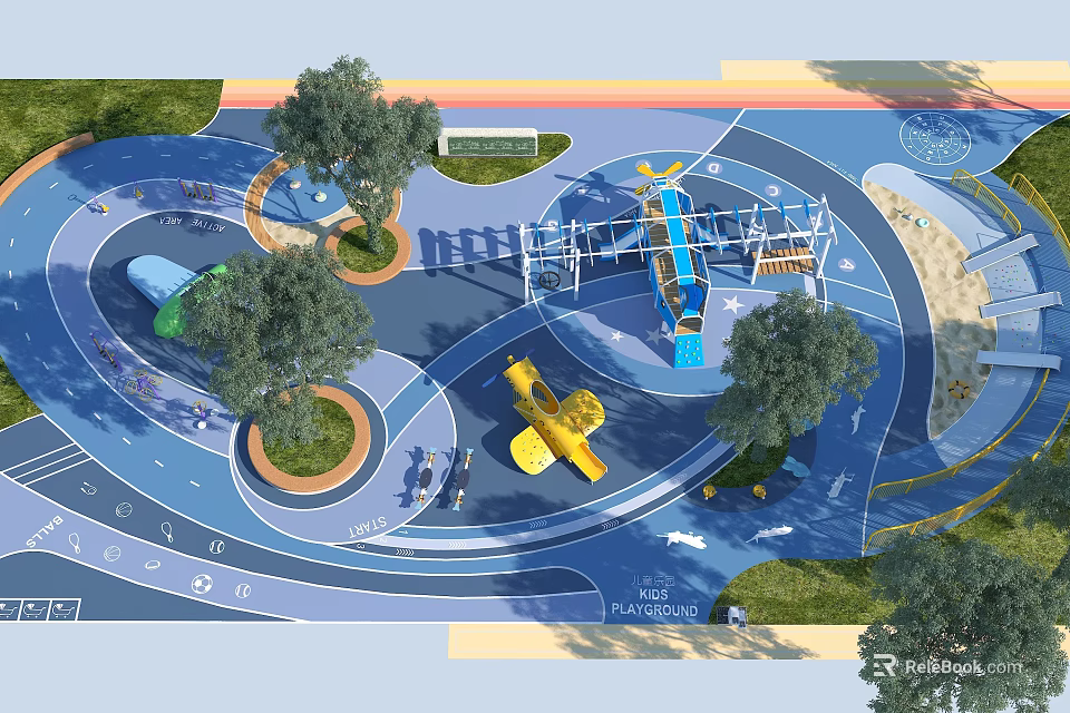 Vibrant Children's Play Area With Airplane Shaped Playground Equipment Trees And Colorful Ground 3d model 