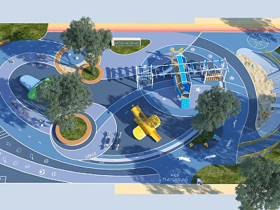 Vibrant Children's Play Area With Airplane Shaped Playground Equipment Trees And Colorful Ground 3d model