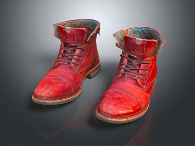 Red Leather Lace up Ankle Boots With Distressed Finish And Classic Design 3d model