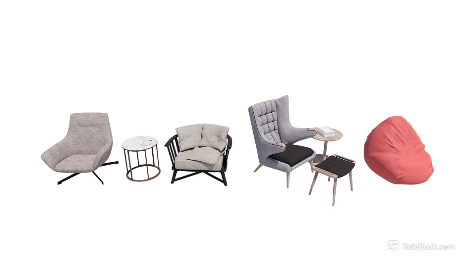 Casual Sofa Set With Comfortable Single Armchairs Bean Bag And Side Tables 3d model