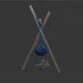 Garden Decorative Piece With Crossed Wooden Sticks Tied Red Rope Hanging Iron Cauldron And Firewood