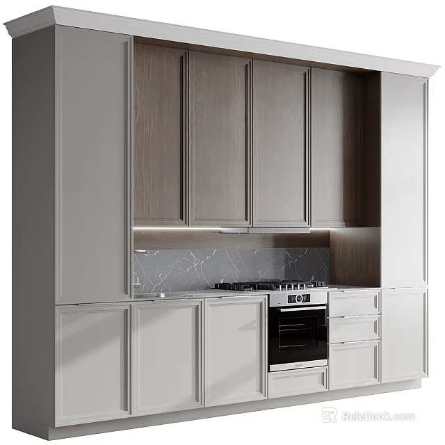 Elegant Modern Kitchen Interior With White And Wood Cabinets Featuring Marble Countertop And Oven 3d model 