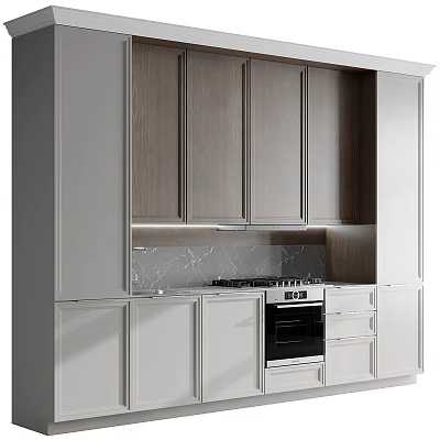 Elegant Modern Kitchen Interior With White And Wood Cabinets Featuring Marble Countertop And Oven 3d model
