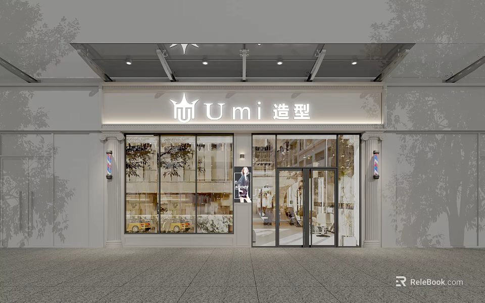 Umi Styling Beauty Hair Salon Storefront With Glass Doors And Illuminated Signage 3d model 
