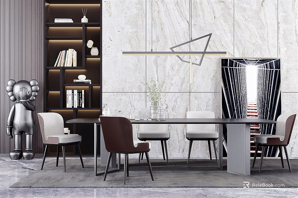 Modern Dining Table Set With Mixed Color Chairs And Marble Wall Backdrop 3d model 