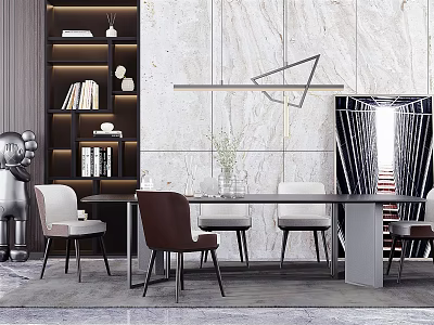 Modern Dining Table Set With Mixed Color Chairs And Marble Wall Backdrop 3d model