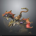 Intricate Dragon Ornament With Organ Details And Fur Like Texture On Red Orange Metallic Wings