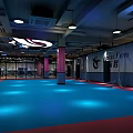 Contemporary Fitness Gym Interior With Pink Pillars Exercise Equipment Wall Posters Yoga Mats And Lights
