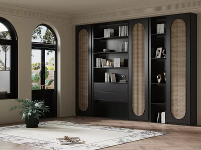 Modern Interior With Black Rattan Display Cabinet Arched Windows And Green Plant 3d model