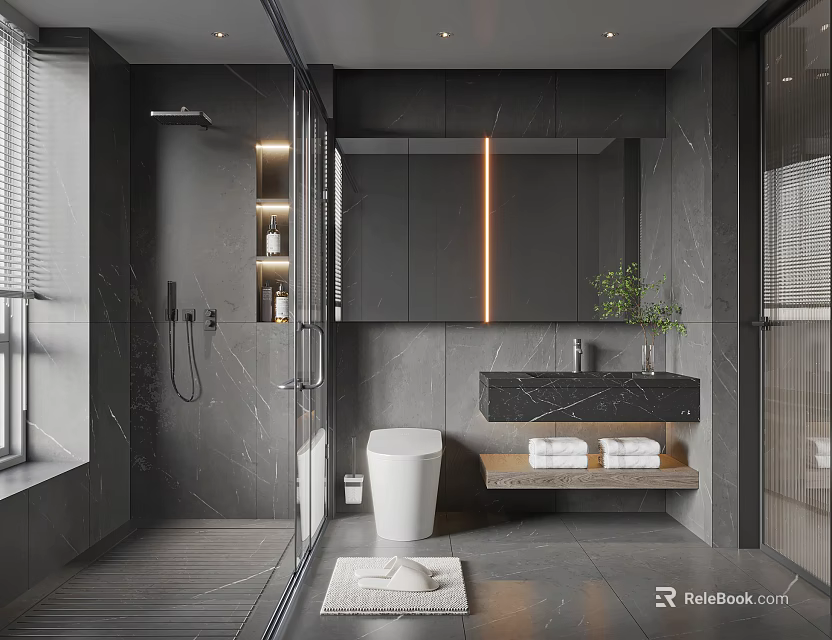 Modern Bathroom Interior With Backlit Mirror Glass Shower Partition Marble Vanity Toilet And Potted Plant 3d model 