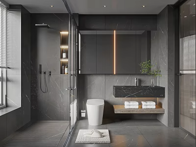 Modern Bathroom Interior With Backlit Mirror Glass Shower Partition Marble Vanity Toilet And Potted Plant 3d model