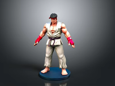Action Figure In White Karate Uniform With Red Headband Red Gloves And Blue Base 3d model