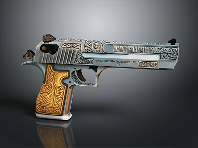 Intricately Engraved Pistol Sculpture With Silver Body And Golden Grip Patterns 3d model