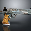 Intricately Engraved Pistol Sculpture With Silver Body And Golden Grip Patterns