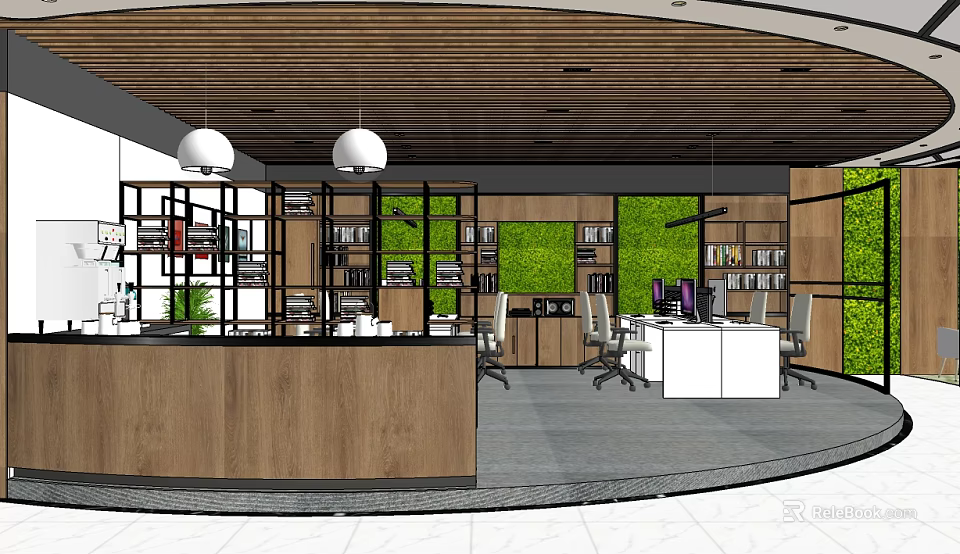 Public Office Space With Open Layout Wooden Elements And Green Plant Wall 3d model 