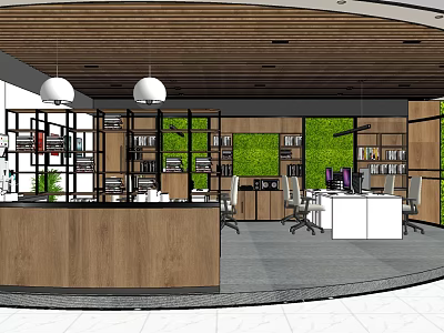 Public Office Space With Open Layout Wooden Elements And Green Plant Wall 3d model