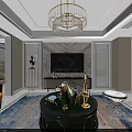 Elegant Modern Living Dining Room Interior With Chandelier Sofa Coffee Table And Wall Painting
