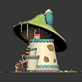 Cartoon Mushroom House With Green Roof Decorative Windows Colorful Door And Grass Base