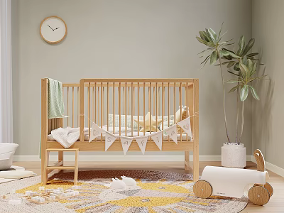 Wooden Baby Crib In Nursery With Star Bunting Green Plant And Toys On Rug 3d model