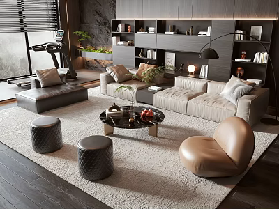 Modern Sofa Coffee Table Set With Area Rug Side Ottomans And Bookshelves 3d model