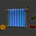 Wooden Fruit Stand With Blue Striped Canopy Fresh Fruits Blackboard Sign And Wooden Crates