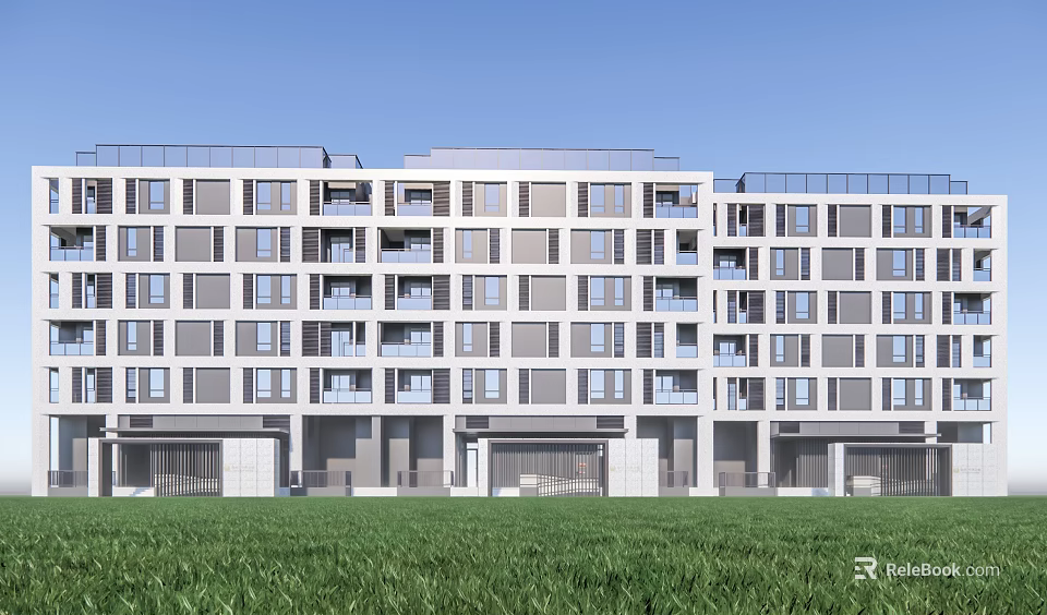 Modern Apartment Building Exterior Design With Front Lawn Balconies And Large Windows 3d model 