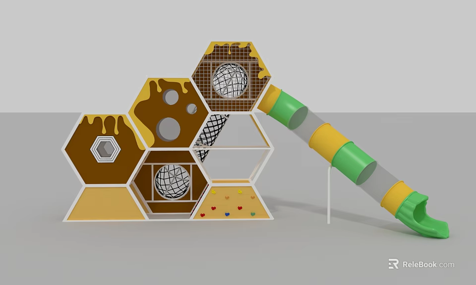 Colorful Playground Equipment With Hexagonal Modules Slide And Climbing Net 3d model 