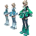 Three Women Anime Figure Display in Different Colored Outfits with Twin Tails and Long Boots