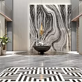 Luxury Modern Hotel Lobby Interior With Chandelier Sofa Seating Geometric Rug And Decorative Columns