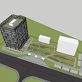 Modern Office Building With Green Roof And Surrounding Urban Park And Greenery
