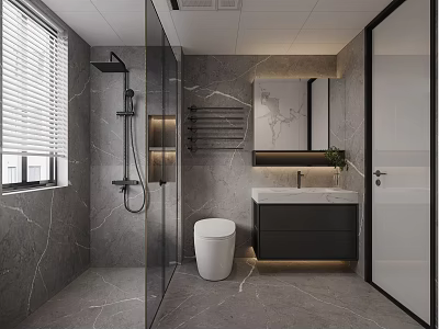 Modern Grey Marble Bathroom With Smart Toilet Glass Shower And Backlit Vanity Cabinet 3d model