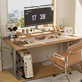 Wooden Desk And Leather Chair Home Office With Computer Screen Lamp Stationery And Potted Plant