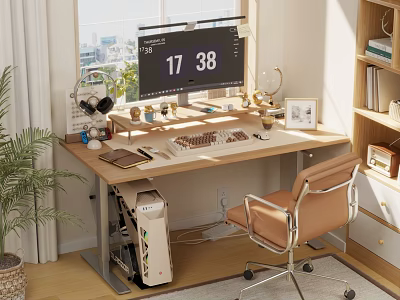 Wooden Desk And Leather Chair Home Office With Computer Screen Lamp Stationery And Potted Plant 3d model