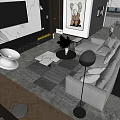 Modern Living and Dining Area with Sofa Coffee Table Fireplace Decorative Rug and Dining Set