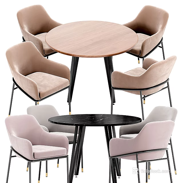 Modern Round Dining Table Set With Wooden Top Metal Legs And Beige Fabric Upholstered Chairs 3d model 