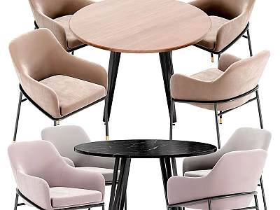 Modern Round Dining Table Set With Wooden Top Metal Legs And Beige Fabric Upholstered Chairs 3d model