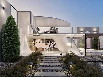 Modern Guesthouse Exterior With White Curved Structure Glass Elements Outdoor Staircase And Landscaped Garden Greenery 3d model