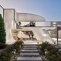 Modern Guesthouse Exterior With White Curved Structure Glass Elements Outdoor Staircase And Landscaped Garden Greenery