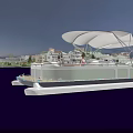 Evening Waterfront Scene With Boat Featuring White Canopy Surrounding Buildings And Lights Creating Calm Reflections