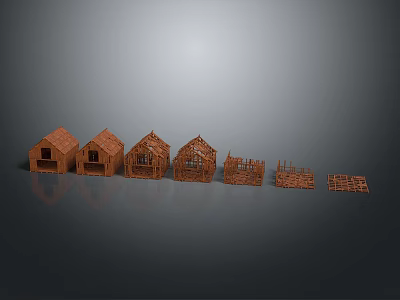 Wooden House Models in Different Construction Stages Arranged From Complete to Frame Structure 3d model