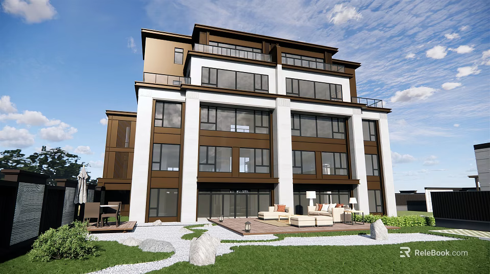 Modern Detached Villa Exterior With Large Windows And Spacious Outdoor Lawn 3d model 
