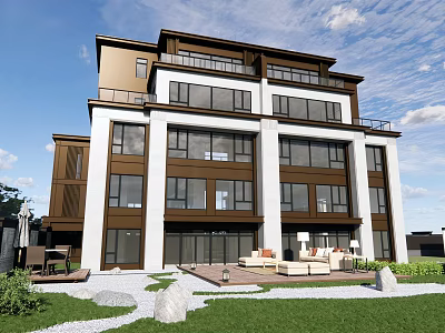 Modern Detached Villa Exterior With Large Windows And Spacious Outdoor Lawn 3d model