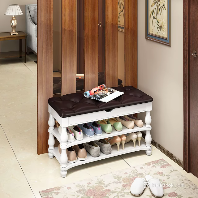 Stylish Shoe Cabinet With Brown Cushioned Bench And Multiple Shelves For Shoes 3d model 