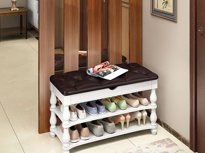 Stylish Shoe Cabinet With Brown Cushioned Bench And Multiple Shelves For Shoes 3d model