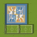 Outdoor Basketball Court With Colorful Design And Adjacent Soccer Field Surrounded By Trees